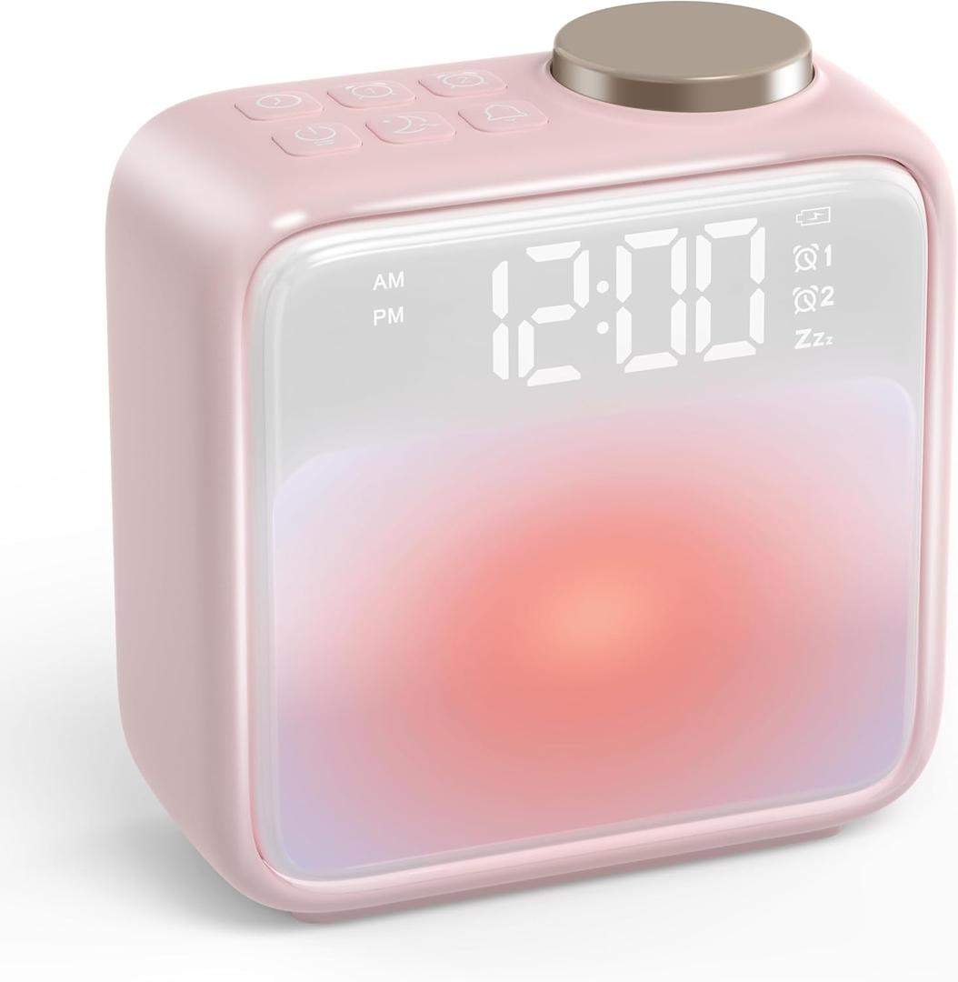AIRIVO Alarm Clock Night Lights, Rechargeable Alarm Clock for Bedrooms, 6 Scenes & White Noise Sync, Dual Alarms & Snooze, for Heavy Sleepers, Gifts for Kids Teens (Pink) (Pink)