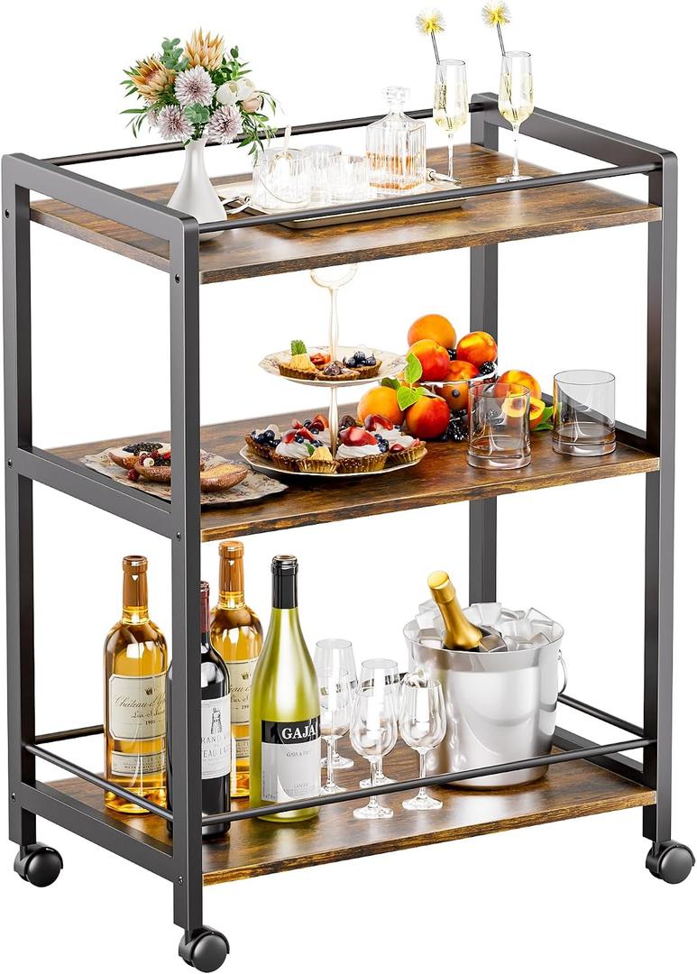Bar Cart for the Home, Home Bar Serving Cart with Wheels and Storage Shelves, 3 Tier Rolling Liquor Beverage Cart for Kitchen Dining Living Room, Rustic Brown and Black, Large