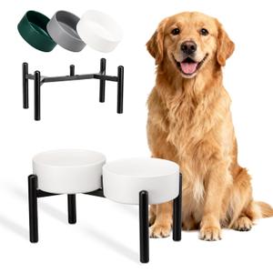 Dog Bowls Elevated - Ceramic Raised Dog Bowl with Non Slip Steel Stainless Stand - No Spill and Heated Feeding Station - Food and Water Dish Set for Medium to Large Pet - Each Holds 7.5 Cups White