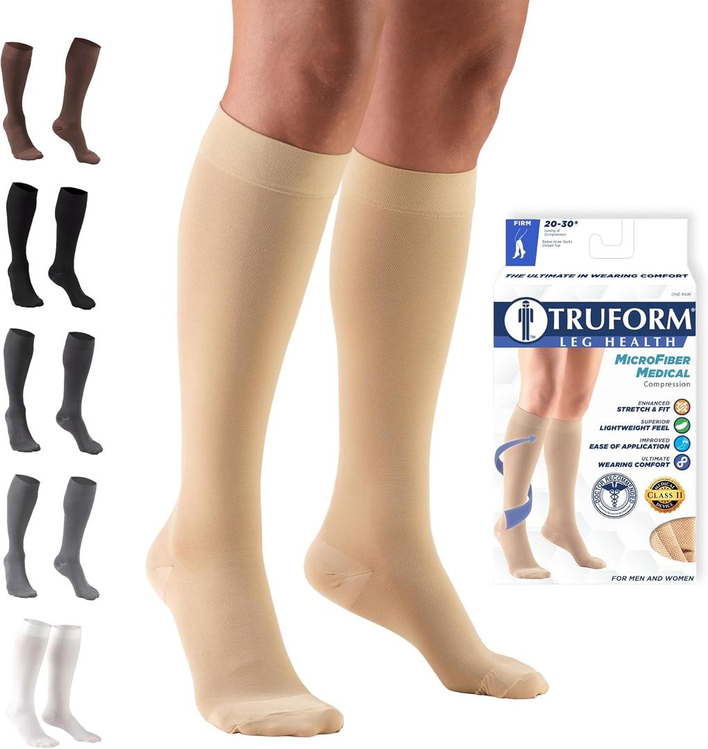 Truform 20-30 mmHg Compression Stockings for Men and Women, Knee High Length, Closed Toe, Beige, Large, 1 Pair