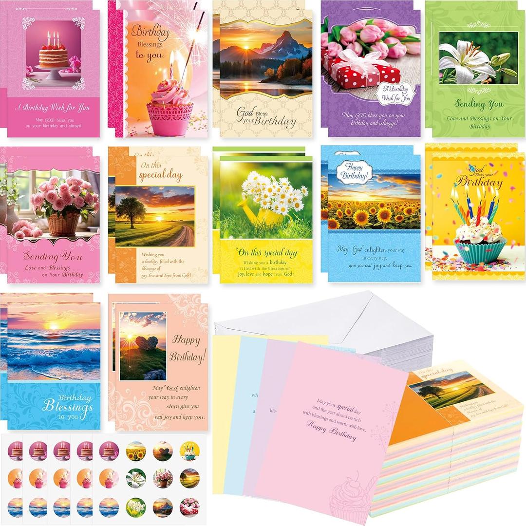 120 Pack Religious Christian Birthday Cards Bulk with Scripture Bible Verse 4.5 x 6.2 Inch Assorted Christian Blessing Greeting Card for Birthday with Envelopes and Stickers (Warm Style)