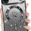 Bonoma Compatible with iPhone 17 Pro Max Case 2025 Support for MagSafe, Plating Heart Glitter Magnetic Case TPU Camera Protection Back Cover for Phone Case -Black