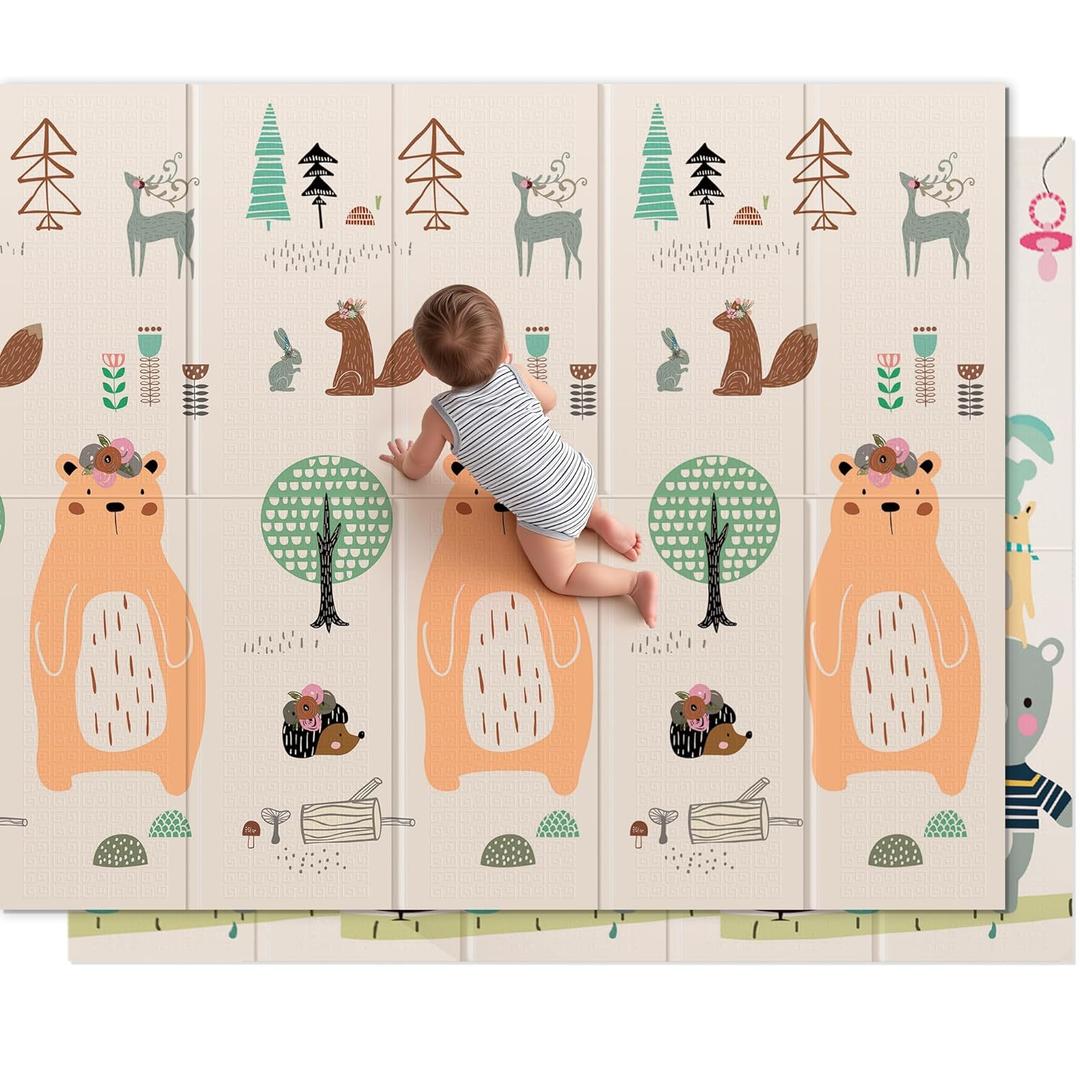 UANLAUO Baby Play Mat,71"x 79"Extra Large Playmats,Foldable Baby Play Mat for Floor,Non-Toxic Tummy Time and Crawling Playmat,Thick Foam Play Mat for Baby,Reversible Portable for Infant,Toddler (79x71x0.4 Inch, Bear,Jungle,Party)