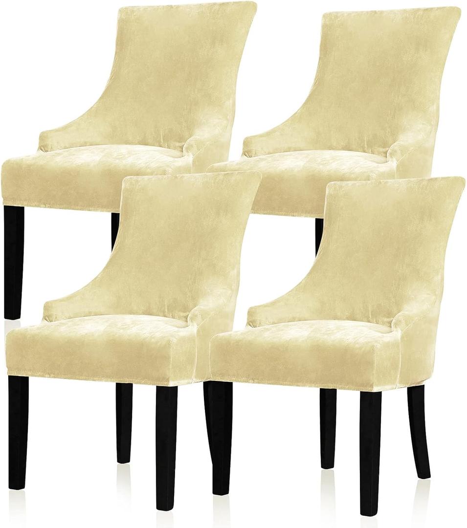 Lellen Velvet Stretch Wingback Chair Cover Slipcover - Reusable Protector Cover for Dining Room Banquet Home Decor etc Machine Washable Hand Washable (Cream, 4PC)