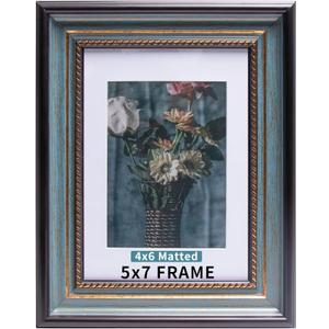 Beyond Your Thoughts 5x7 Picture Photo Frame 1 Pack Antique with Matted for 4X6 Peacock Blue Color Plastic, Vertical or Horizontal, Table Top and Wall Mounting Display