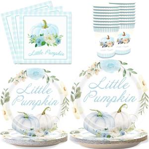 Aukolass Pumpkin Party Supplies Tableware Set - Fall Theme Party Decorations Including Plates, Napkins and Cups for Pumpkin Birthday and Baby Shower Party, Serves 24 Guests (blue)