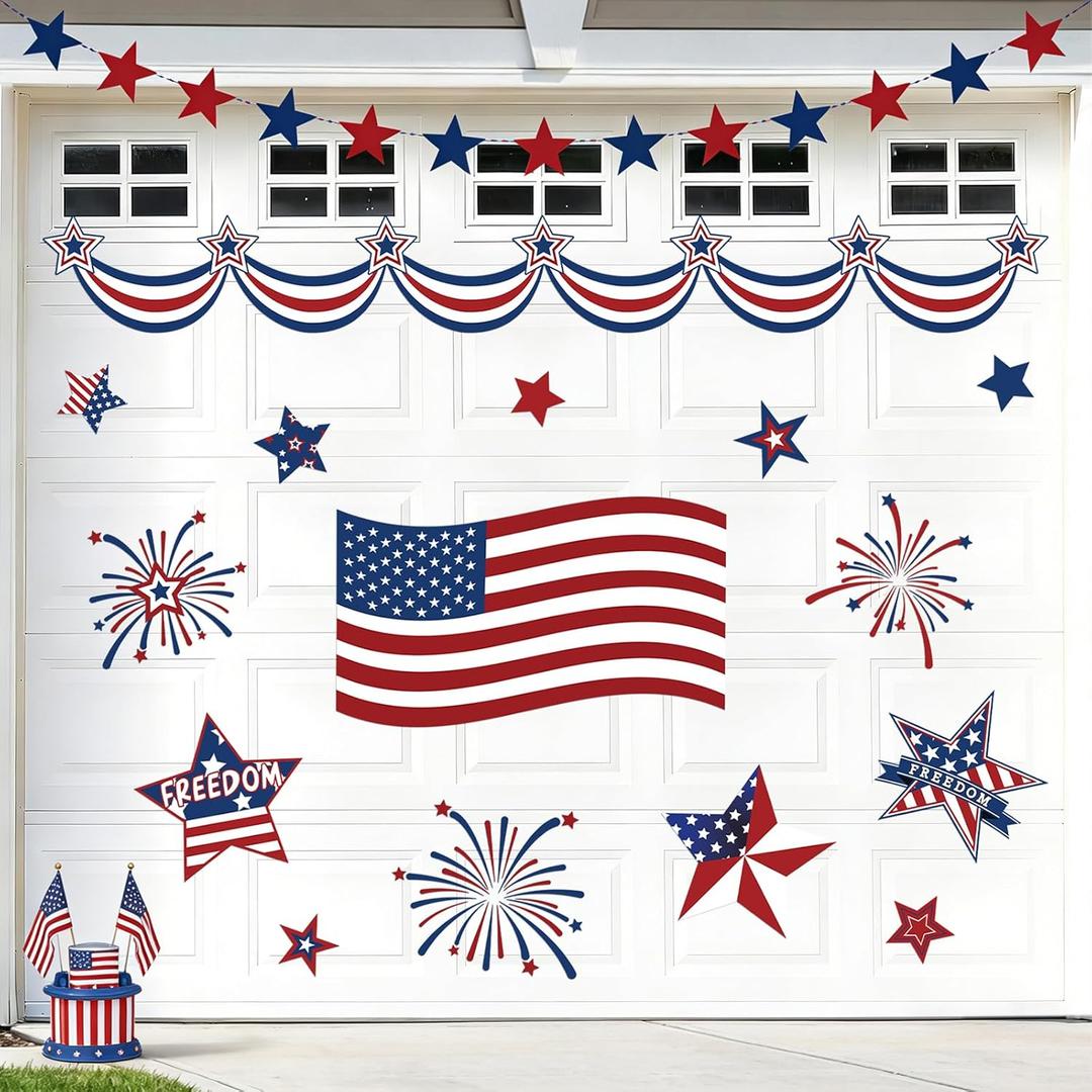 Whaline Patriotic Garage Decoration Magnet Sticker Flag Firework Star Garage Door Decal 250th Anniversary Magnetic Refrigerator Stickers for Independence Day Party Home Car Dishwasher Decor, 21 Pcs