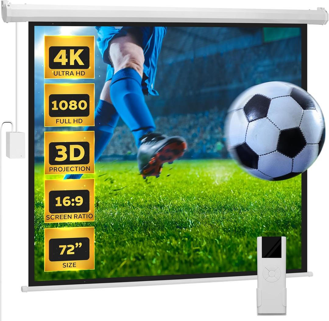 Pyle 72" Portable Motorized Matte White Projector Screen - Automatic Projection Display with Wall/Ceiling Mount, Remote and Case - for Home Movie Theater, Slide/Video Showing - PRJELMT76