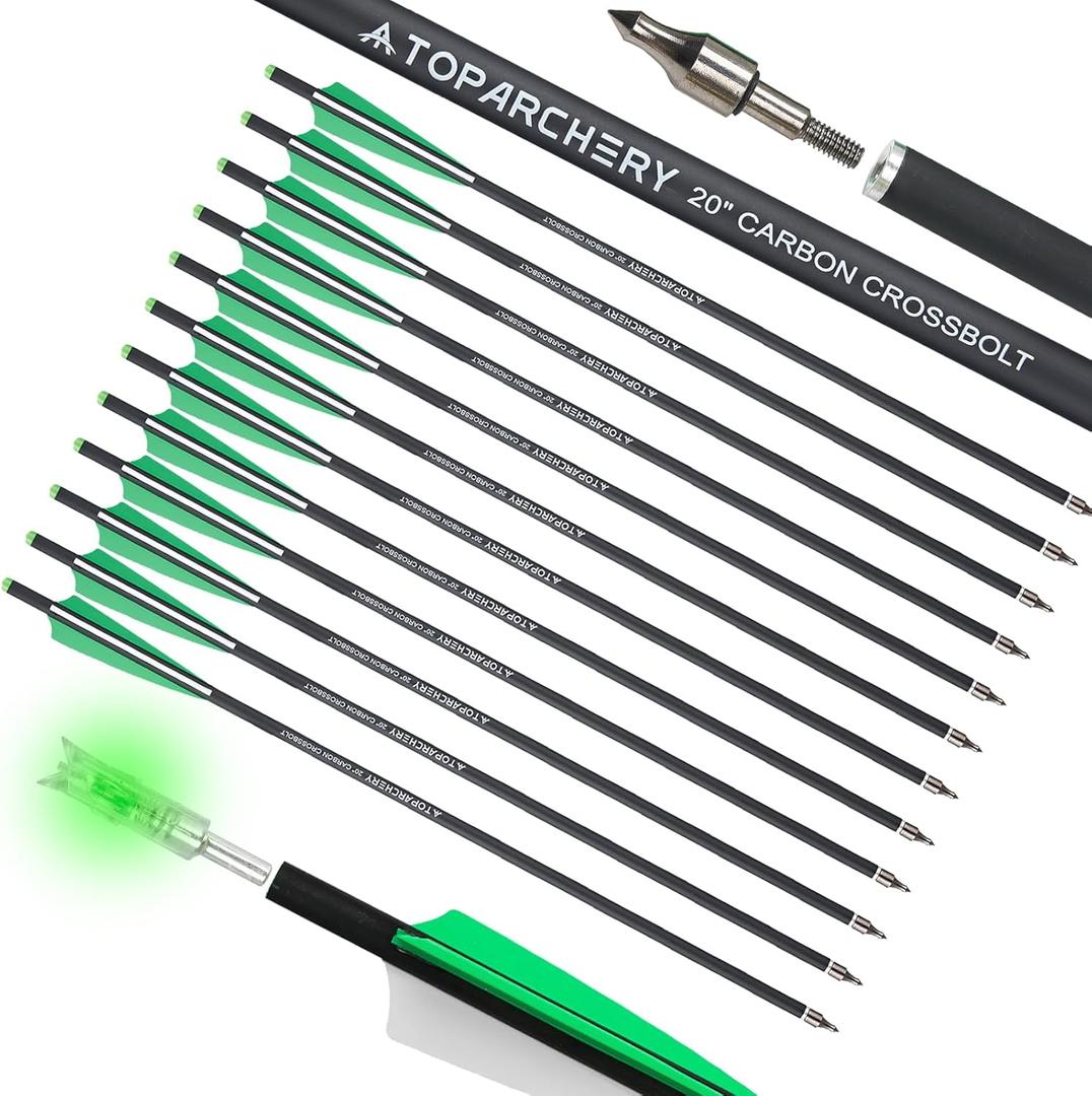 TOPARCHERY Crossbow Bolts 20 Inch12pcs with Lighted Nocks(6pcs), Carbon Crossbow Arrows for Practice Outdoor Hunting (Green)