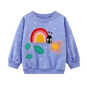 HILEELANG Toddler Girl Sweatshirts Blue Dot Ladybug Cartoon Applique Cotton Casual Long Sleeve Tops Sweater Shirts 2T