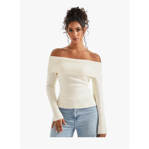 SUUKSESS Women Off Shoulder Sweaters Long Sleeve Ribbed Knit Going Out Fall Tops Blouse, Size M