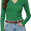 Meetrendi Womens Long Sleeve Shirts V Neck Casual Work Tops 2025 Fall Slim Fitted Basic Tee (X-Large, Kelly Green)