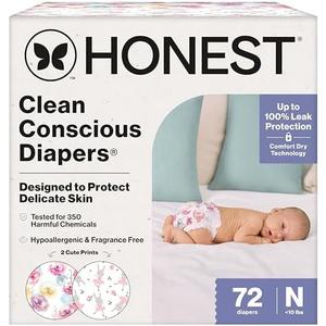 The Honest Company Comfort Dry Disposable Diapers for Sensitive Skin, Hypoallergenic, Rose Blossom + Tutu Cute, Club Box Size Newborn 72 Count, 10Lb