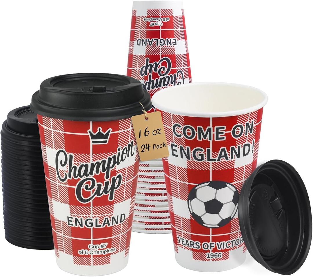 3 x 16 oz Champion Cup A Salute To England, 1966 World Soccer Champion, 24 Sets Disposable Paper Party Cups with Lids for Fan Event Decorations Game-Day Festival, COME ON ENGLAND 2026