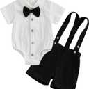 GOOCHEER Newborn Baby Boy Gentleman Outfit Suit Short Sleeve Bowtie Romper Shirt Suspender Shorts Summer Dress Clothes Set 9-12M