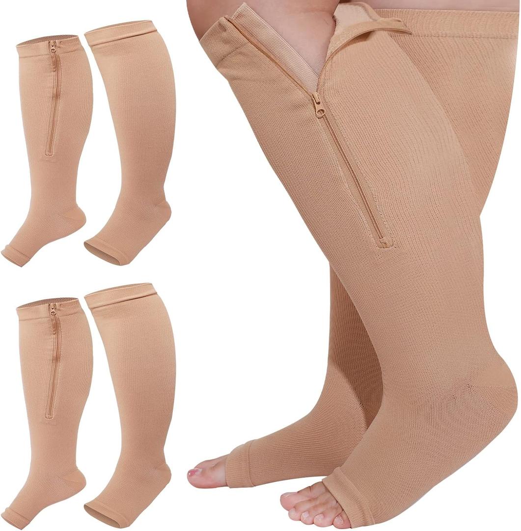 Hillban 2 Pair Plus Size Calf Zipper Compression Socks 15 to 20 Mmhg Open Toe Compression Stockings for Overweight Women(4 XL,Nude)