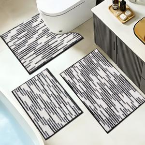 BSICPRO Bathroom Rugs Sets 3 Piece, Non-Slip Chenille Toilet Rugs with TPR Backing, U-Shaped Toilet Mat with Abstract Stripe Design, Ultra Soft Thick Absorbent Bath Floor Mats for Bathroom Washable, 20"x32"+16"x24"+U Shape 20"x24"