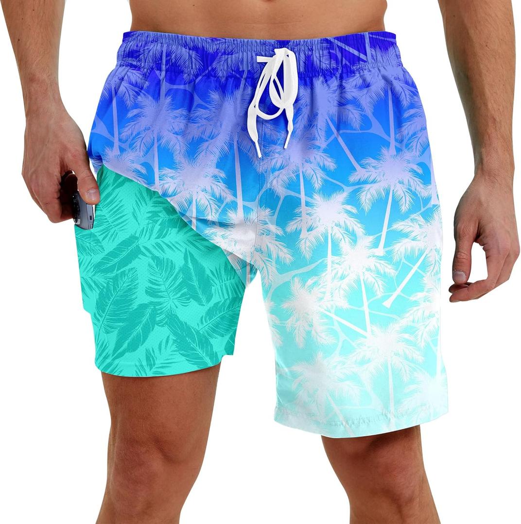 westwolf Men Swim Trunks with Compression Liner Men's 2 in 1 Bathing Suits 7 Inch Hawaiian Board Shorts (Large, 2 Blue White)