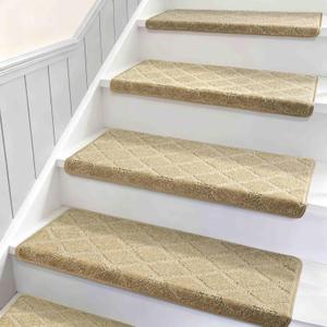 DEXDE Stair Treads for Wooden Steps Bullnose Carpet Indoor, 14 Pc Beige