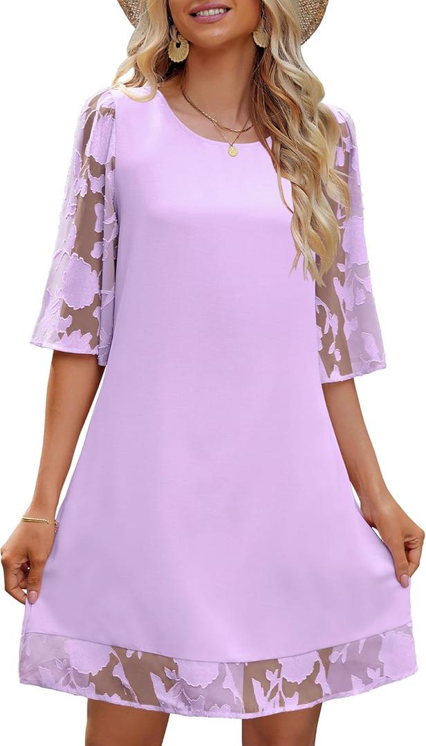 LookbookStore 3/4 Sleeve Dress for Women Shift Cute Summer Tunic Floral Lace Dresses (Purple, S)