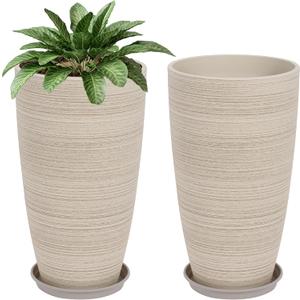 Neoaider Set of 2 Tall Planter, 21 inch Large Plastic Planter with Drain Hole & Saucers, Large Outdoor Planters for Porch, Garden, Patio, Balcony(Oat Color)