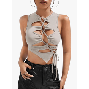 OYOANGLE Women's Cut Out Lace Up Round Neck Tie Front Asymmetrical Hem Crop Tank Top Size S