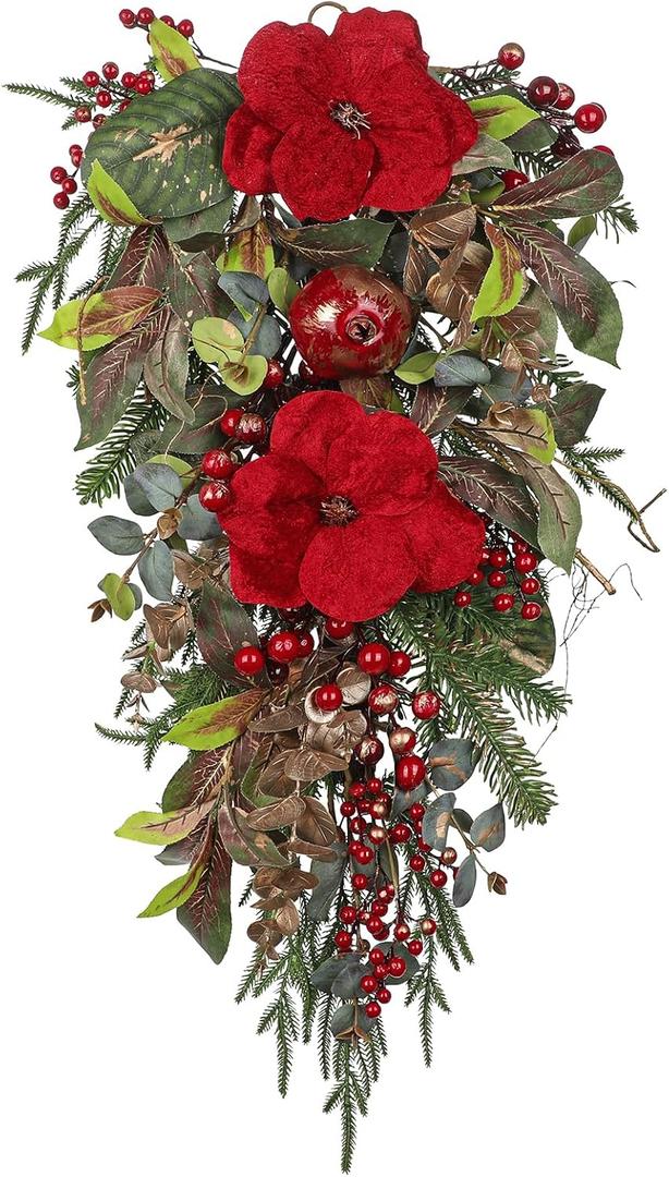 Briful Red Magnolia Christmas Swag 29.5 Farmhouse Christmas Teardrop with Red Pomegranate & Berries, Hanging Xmas Door Swags for Front Door, Fireplace Mantel, Outdoor Holiday Decor