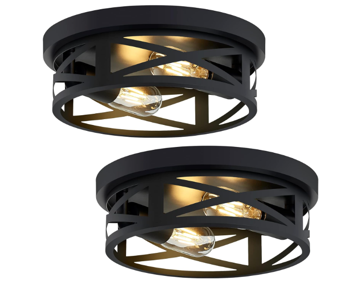2 Pack Black Flush Mount Ceiling Light,Industrial Farmhouse Metal Cage Black Light Fixtures Ceiling Mount for Kitchen Entryway Hallway E26 Base (10.63in)