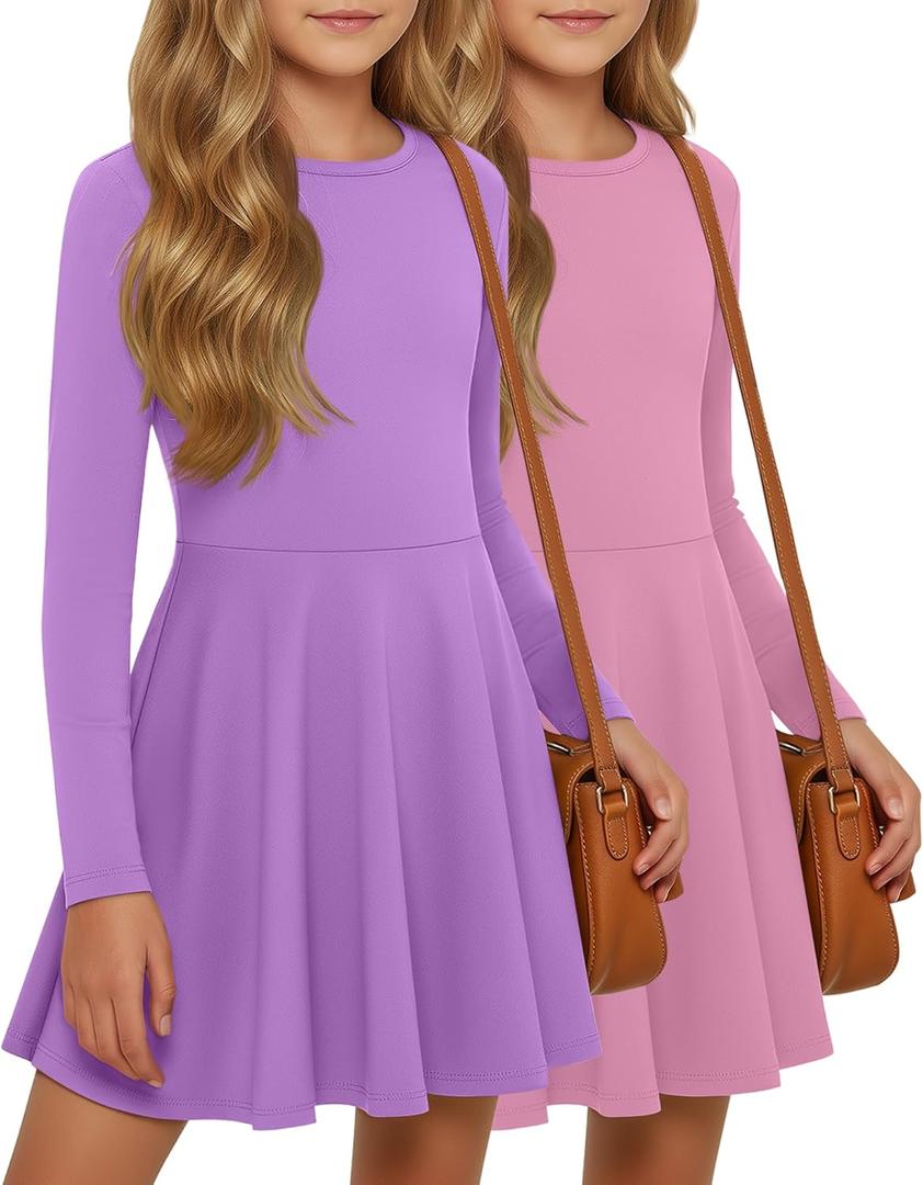 2 Pack Girls Long Sleeve Dress Skater Twirl a Line Crewneck Casual Fall Dresses for Kids 13-14 Years (Pink, Purple)