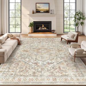 zesthome 8x10 Area Rugs - Stain Resistant Washable Rug for Living Room, Non-Slip Backing Large Area Rug with Ultra-Thin Low Pile for Bedroom, Vintage Home Decor (Orange/Beige)