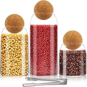 3Pcs Glass Jar with Round Ball Cork,Coffee Bean Jar Glass Cork Clear Glass Bottles with Cork Glass Canisters for Food, Coffee, Sugar, Spice, Tea,DIY (500ml / 700ml / 1000ml)