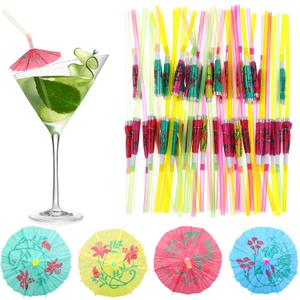 500 Pcs Umbrella Parasol Drinking Straws, Luau Party Decorations Umbrella Cocktail Straw Disposable Straws Drinking Plastic for Summer Beach Hawaiian Luau Party Decorations