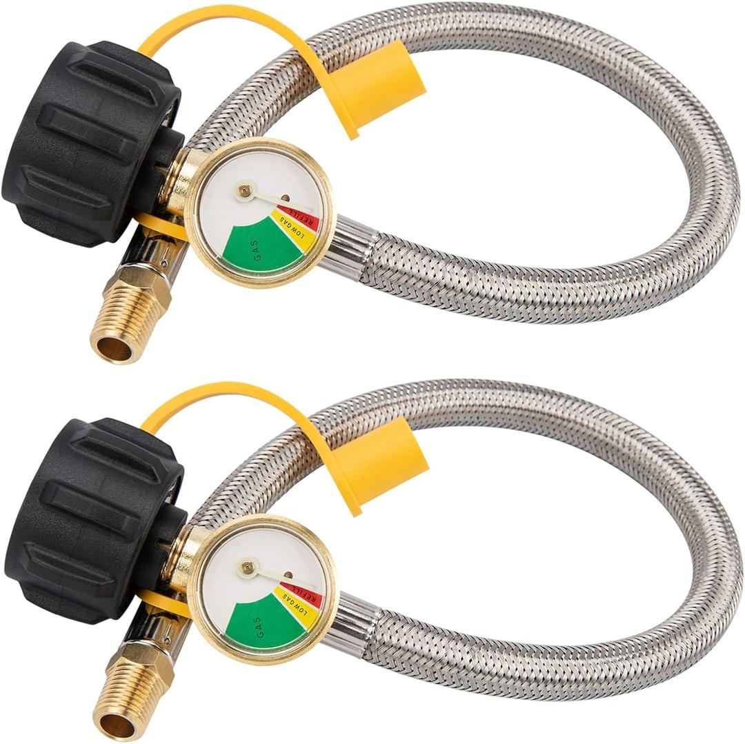 15 Inch Rv Propane Hoses with GaugeStainless Steel Braided Camper Tank Hose, Rv Lp Gas Hoses Connector For Standard Two-Stage Regulator 1/4-Inch Npt, 40lb 250psi, Qcc1 Fittings, 2 Pack