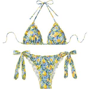 Milumia Women's 2 Piece Bikini Set Lemon Lettuce Trim Halter String Triangle Bathing Suit, Large