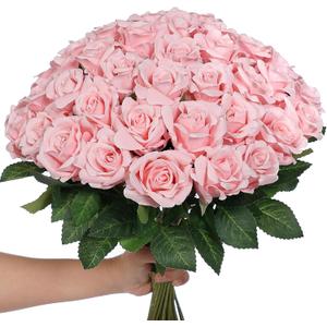 YXZZWL 60 Pcs Artificial Roses in Bulk, Fake Silk Roses Realistic Roses Stem Faux Roses Bouquet for Wedding Centerpieces Flower Arrangement Home Decor (Pink)