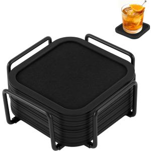 Lexenic Absorbent Felt and Cup Coasters with Holder,6Pack,Black