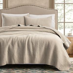WDCOZY 100% Cotton Oversized King Size Quilt Set - Beige California Cal King Striped Pick Stitch Soft Lightweight Bedspread, Textured Like Linen, Farmhouse Country Rustic Coverlet, 3 Pieces