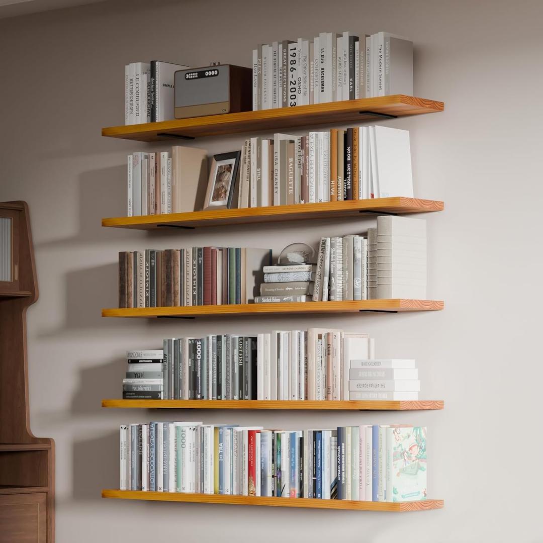 5 Tier Book Shelf,48 inch Long Floating Shelf for Wall,Wall Mounted Bookshelf for Books/Lego/Plants,Solid Wood Adjustable Bookcase