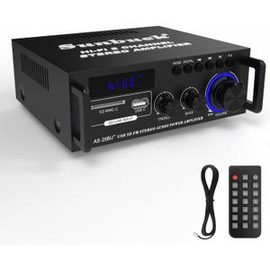 Sunbuck Small Stereo Amplifier, Stereo Receiver with Bluetooth, Optical/Coaxial Jacks for TV/CD/DVD/LP/PC, Support 192kHz Audio, Max 300Wx2 Power, Home Audio System, Receiver for Speakers, AS-25BU