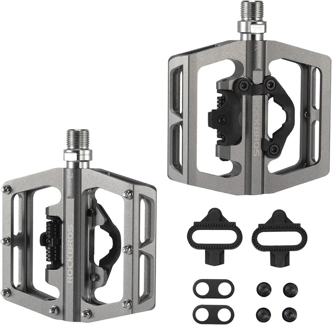 ROCKBROS MTB Mountain Bike Pedals Compatible with SPD Mountain Bike Dual Function Sealed Clipless Aluminum Bicycle Flat Platform 9/16" Pedals with Cleats for Road, MTB, Mountain Bikes (Titanium)