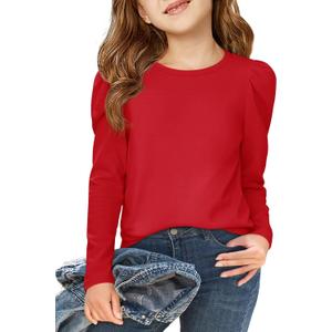 Haloumoning Girls Puff Long Sleeve T Shirts Casual Crewneck Loose Fit Tee Tops Kids Fall Clothes 140 (Red)