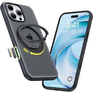 TORRAS 360 Magnetic Stand for iPhone 16 Pro Max Case, [Fit for MagSafe] [Military-Grade Protection] Translucent Slim Case for iPhone 16 Pro Max, Obsidian Black, Ostand O3 Fitness Series