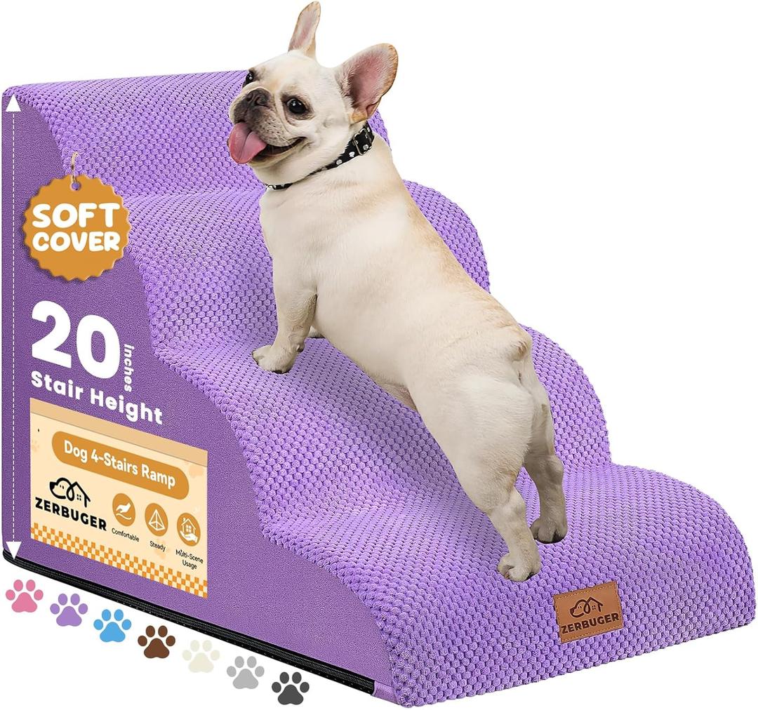 Dog Ramp and Stair for Bed 16" H-20 H,3-Step Cat Stair for Sofa and Chair,4-Step Dog Ramp for High Bed and Window,Durable Nonslip Fabric Cover for Indoor (Purple-20 H, Pet Friendly, 4)