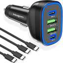 90W 4 in 1 USB C Super Fast Car Charger for iPhone 17 Pro Max/Air/16/15/iPad, Samsung S25, Pixel Android Phone, Dual 45W Type C & QC3.0, 12V Multi Port Cigarette Lighter Adapter + 2 USBC Cord 3.3ft