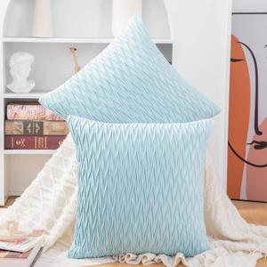 MADIZZ Set of 2 Super Soft Velvet Decorative Throw Pillow Covers 16x16 inch Light Blue Square with Texture Luxury Style Cushion Case Pillow Shell for Sofa Bedroom (16" x 16" (Pack of 2))