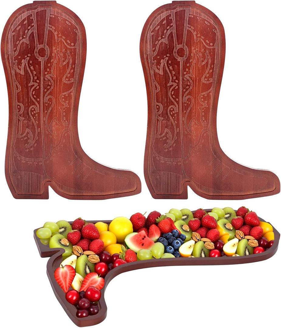 2 Pcs Cowboy Boot Serving Trays Wooden Serving Platter Cowgirl Boot Plates for Snacks Rustic Functional Serving Piece for Cheese Western Party Decoration Supplies (Brown-Boot)