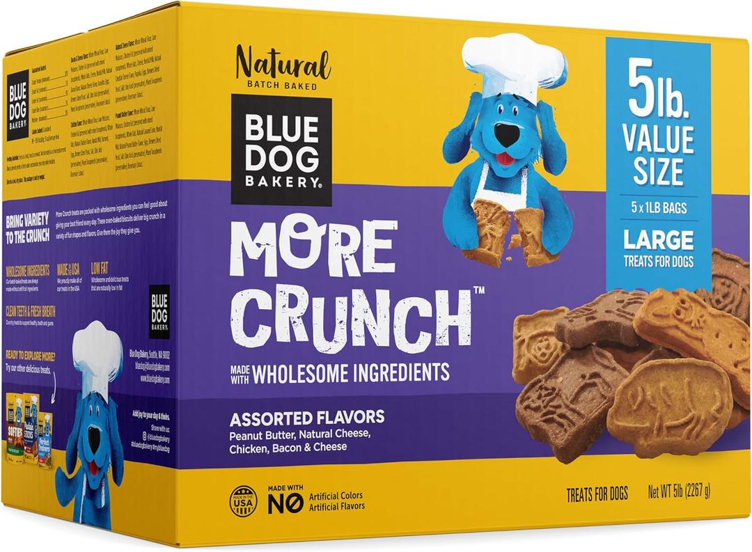 Blue Dog Bakery More Crunch Assorted Flavors, Dog Biscuits, Healthy Treats, All Natural, Bacon, Chicken, Cheese, Peanut Butter, 5 lb (Pack of 1)