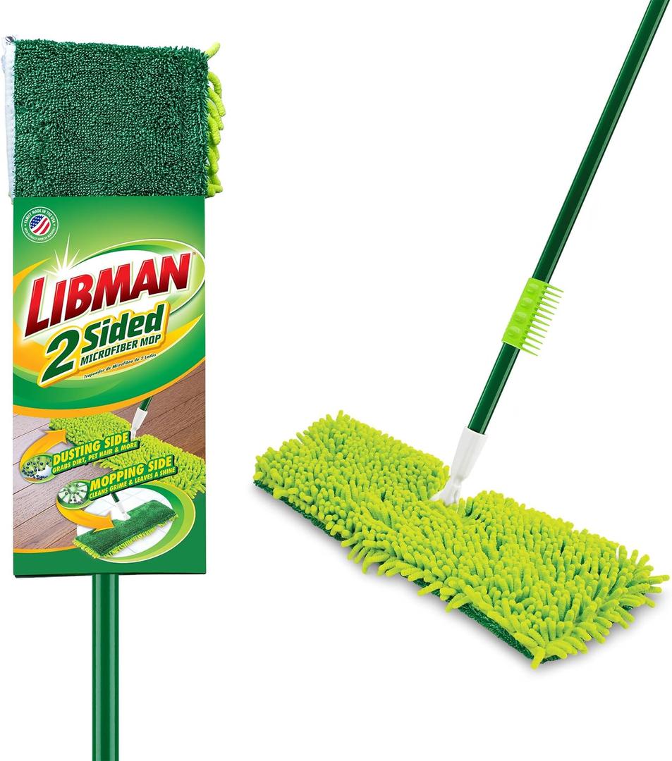 Libman 18" 2-Sided Microfiber Dust Mop, Double Sided Dry Wet Mops for Floor Cleaning, Hardwood, Laminate, Tile Cleaner, 360 Degree Swivel Head, 49 Long Handle