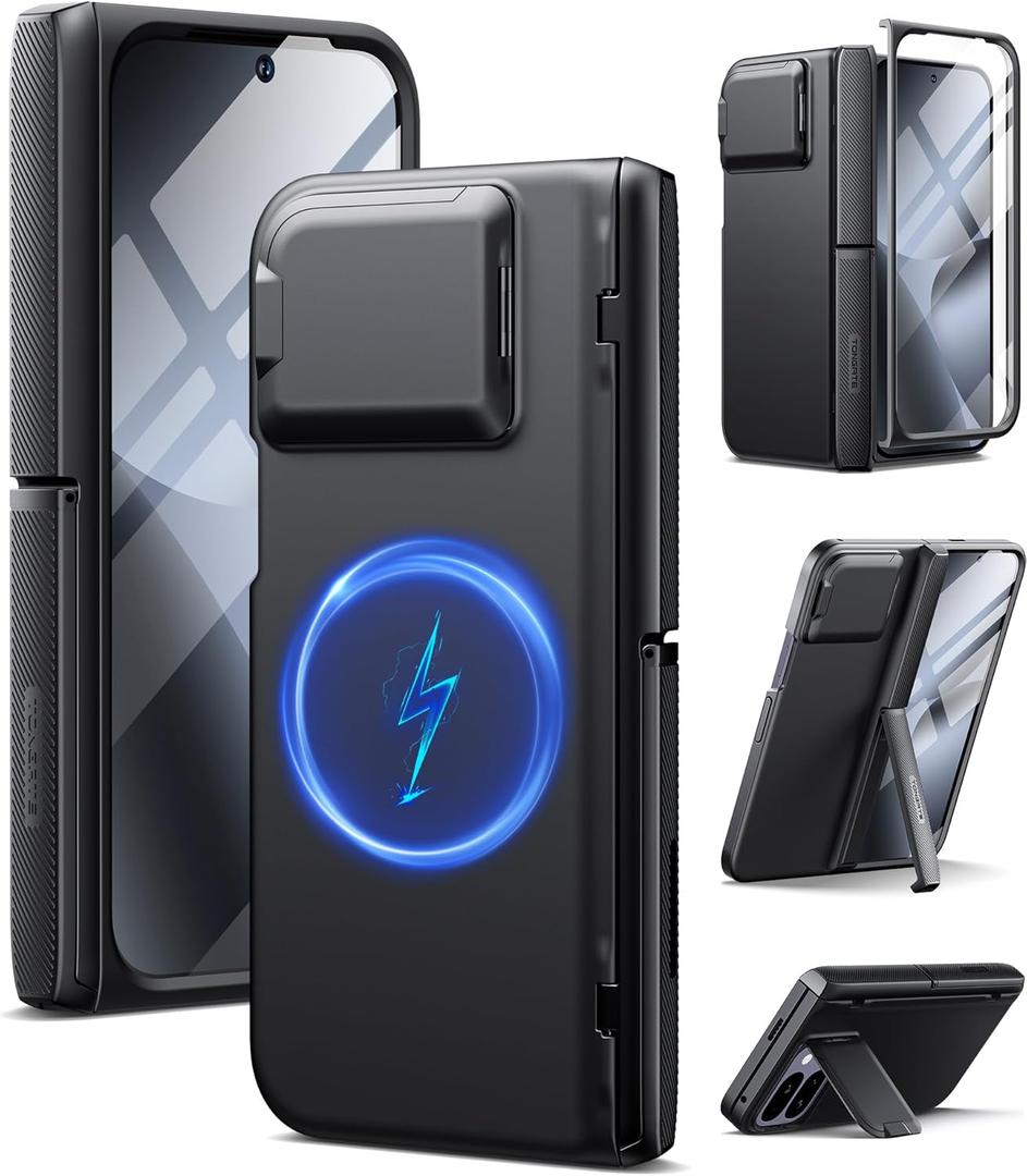 TONGATE Magnetic for Pixel 10 Pro Fold Case with Glass Screen Protector, [Compatible with MagSafe] [with Camera Cover & Hinge Protection] Full-Body Rugged Stand Case for Google 10 Pro Fold, Black