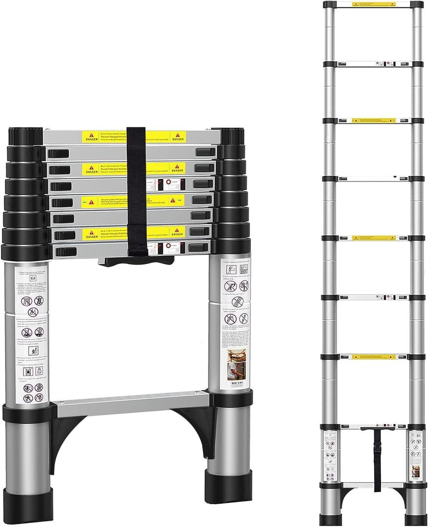 BOWEITI 8.5FT Telescoping Ladder, Portable Aluminum Extension Ladder w/Stabilizers, Lightweight Compact Telescopic Ladders 330lbs Capacity, Extension Ladder for Home, Outdoor (8.5FT,Silvery)